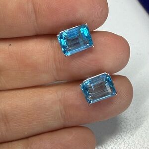 14k WG Blue Topaz  Emerald-Cut Stud Earrings